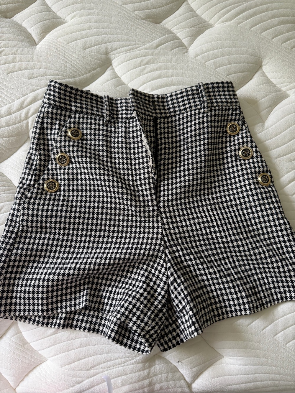 Zara Black & White Houndstooth High-Rise Shorts with Gold Buttons